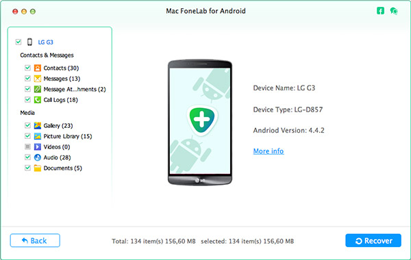 Fonelab Android Data Recovery for Mac 2.1 : Main Window