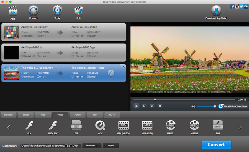 eTinysoft Total Video Converter Mac 4.4 : Main Window
