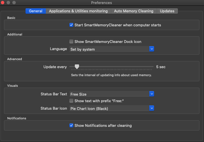 SmartMemoryCleaner 2.3 : Preferences tab