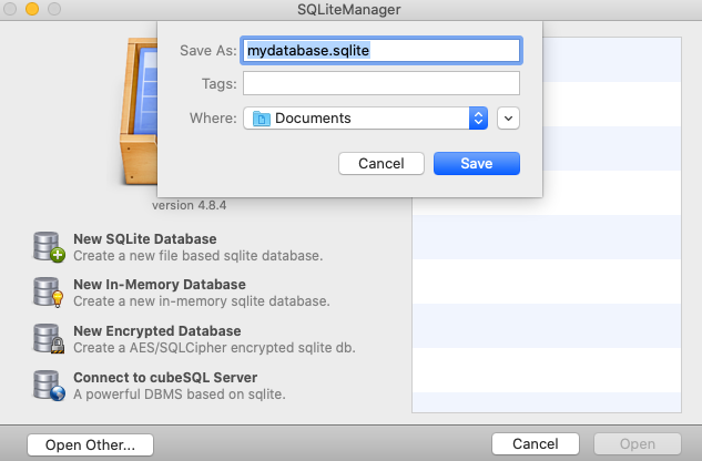SQLiteManager 4 4.8 : New database screen