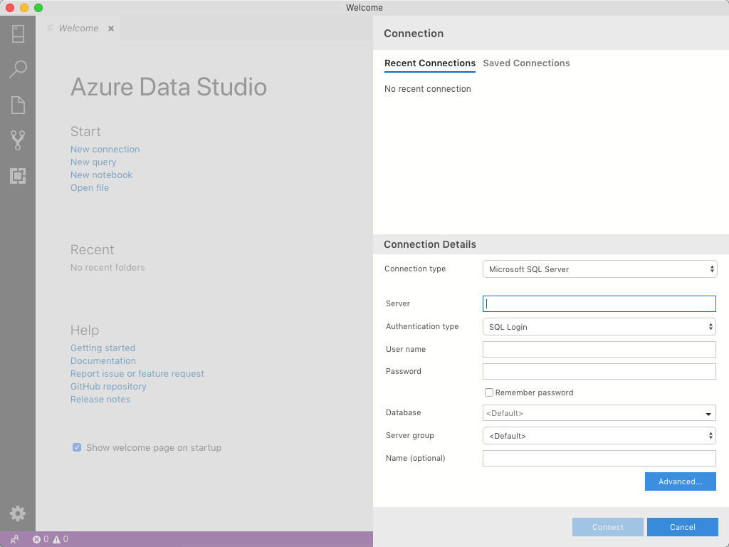 Azure Data Studio 1.9 : Main Window