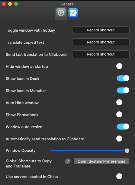 Myna for Google Translate 2.1 : General settings window