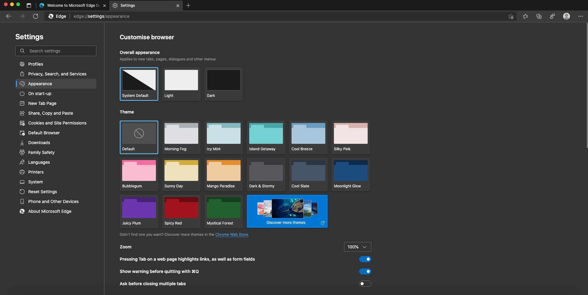Microsoft Edge Dev 93.0 : Appearance settings screen