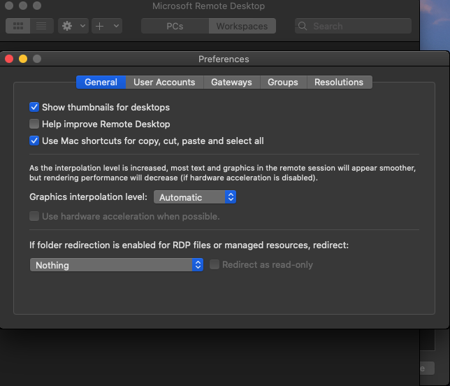 Microsoft Remote Desktop 10.4 : Preferences screen