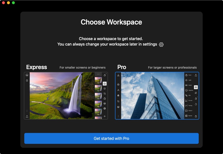 Polarr Photo Editor 5.1 : Choose Workspace