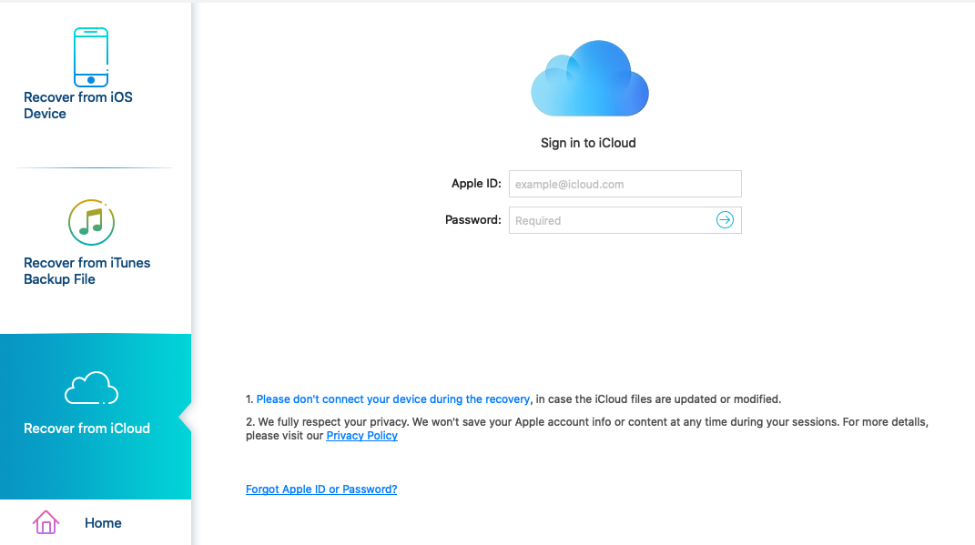 Mac FoneLab for iOS : Recover iCloud tab