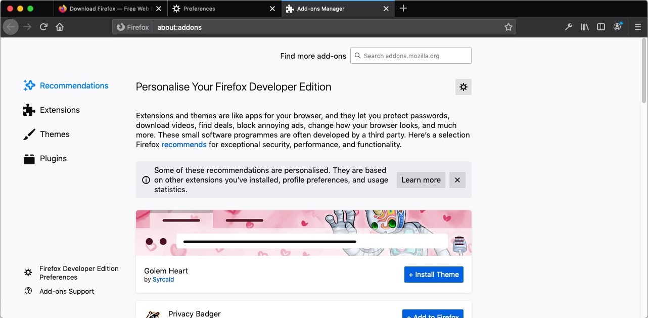 Firefox Developer Edition 76.0 : Add-ons Manager