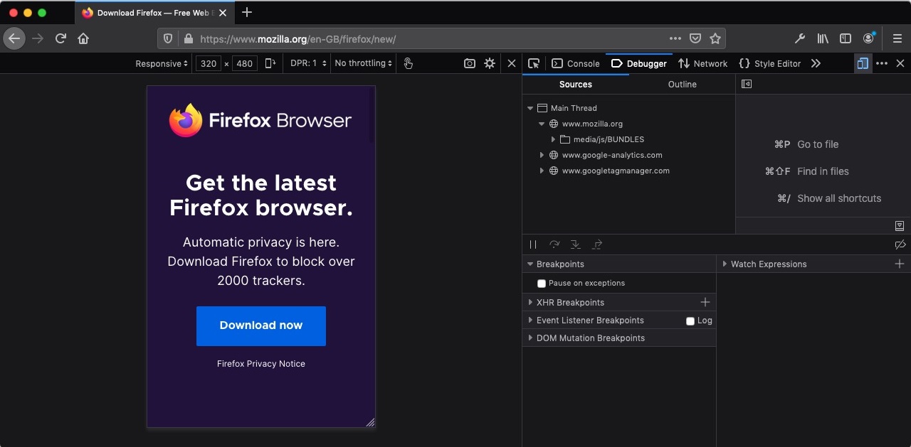 Firefox Developer Edition 76.0 : Debugger