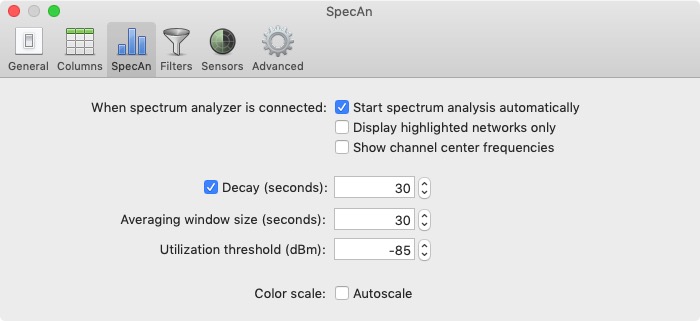 WiFi Explorer Pro 2.3 : SpecAn Preferences 