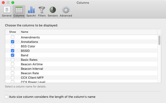 WiFi Explorer Pro 2.3 : Columns Preferences