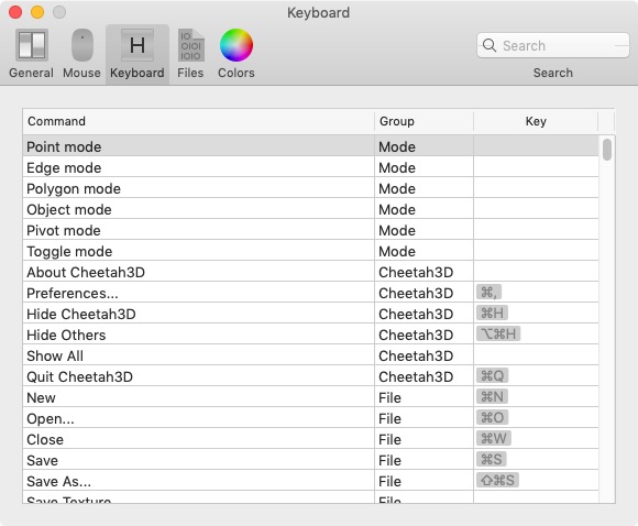 Cheetah3D 7.4 : Keyboard Preferences