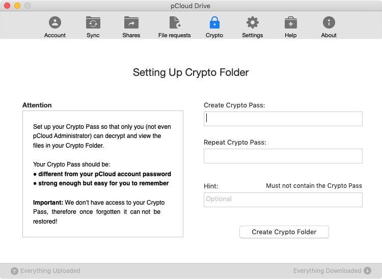 pCloud 3.9 : Setting Up Crypto Folder