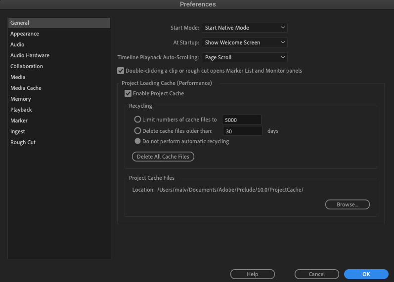 Adobe Prelude 2020 10.0 : Preferences window