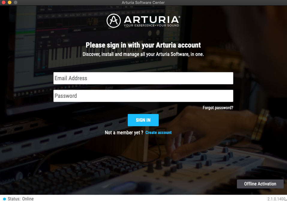 Arturia Software Center 2.1 : Login screen