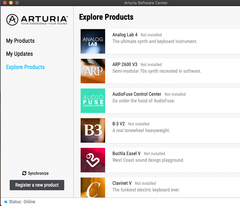 Arturia Software Center 2.1 : Explore products tab