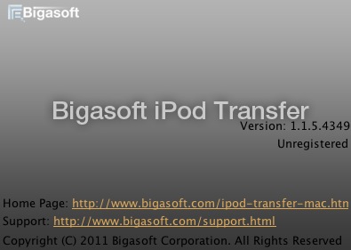 Bigasoft iPod Transfer 1.1 : About window