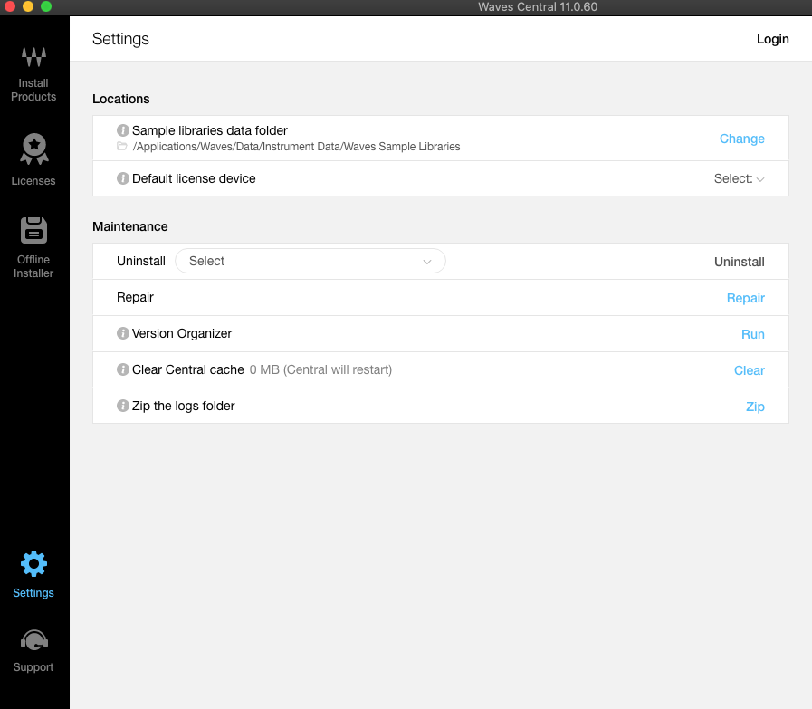 Waves Central 11.0 : Settings screen