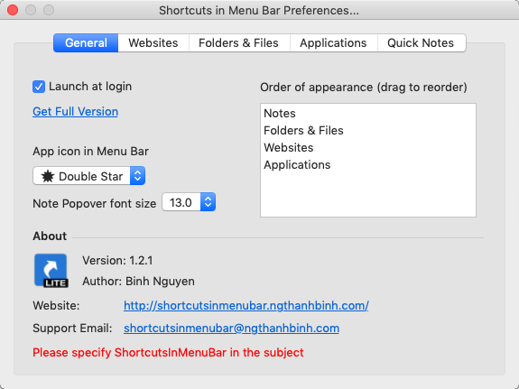 Shortcuts in Menu Bar Lite 1.2 : General Preferences