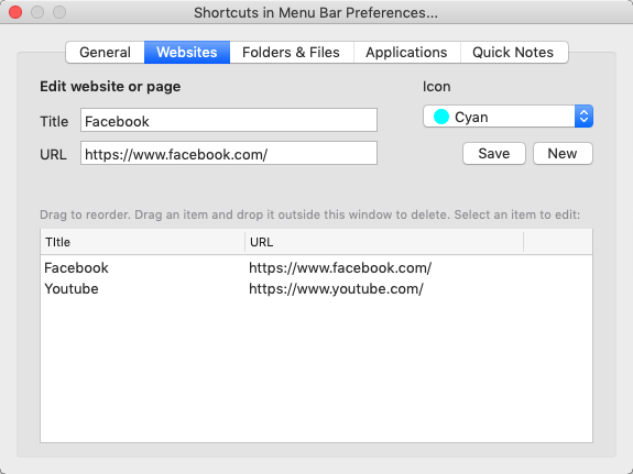 Shortcuts in Menu Bar Lite 1.2 : Add Websites Window