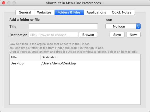Shortcuts in Menu Bar Lite 1.2 : Add Folder or File Window