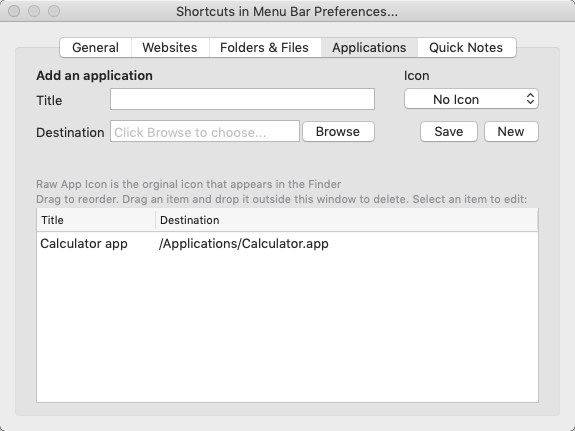 Shortcuts in Menu Bar Lite 1.2 : Add an Application Window