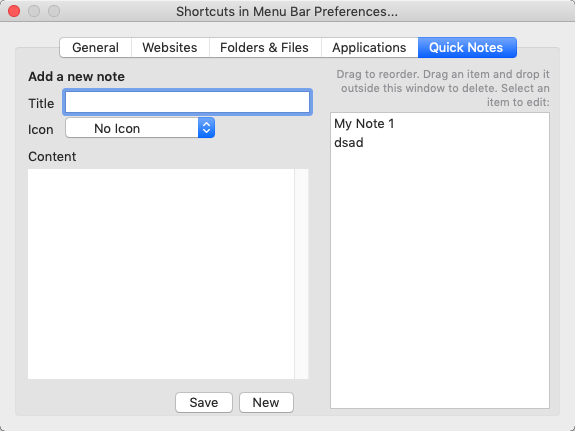 Shortcuts in Menu Bar Lite 1.2 : Add a New Note Window