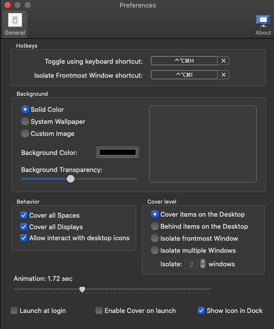 DeskCover Pro 1.9 : Preferences screen
