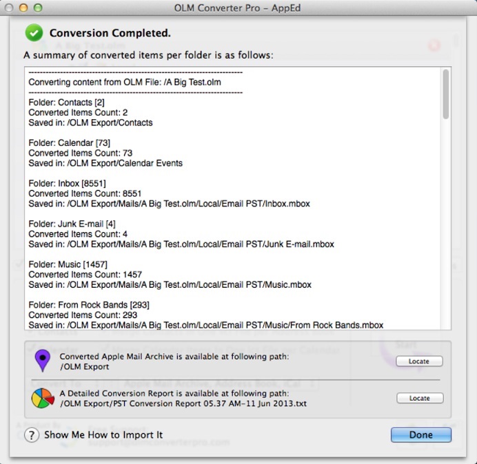 OLM Converter Pro 3.8 : Conversion Completed