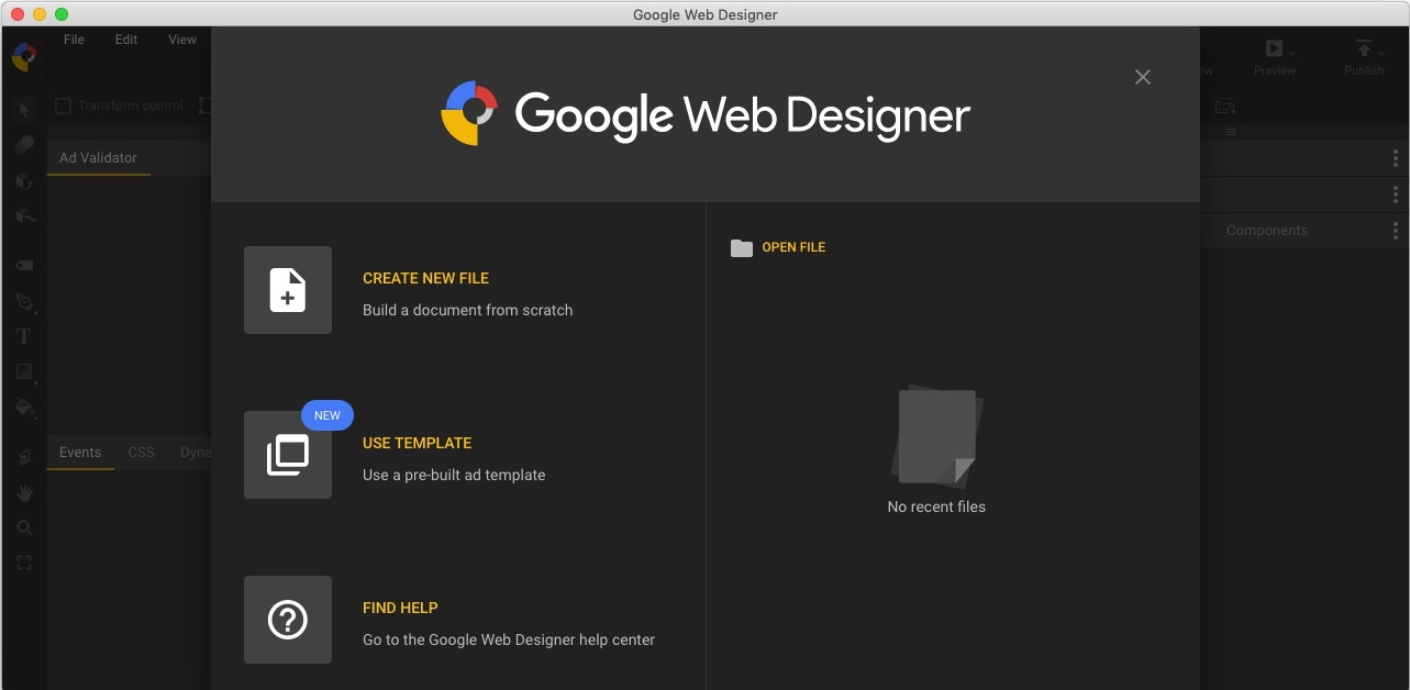 Google Web Designer 8.0 : Welcome Screen 