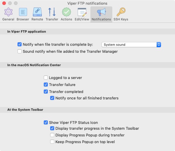 Viper FTP Lite 5.5 : Notifications Settings