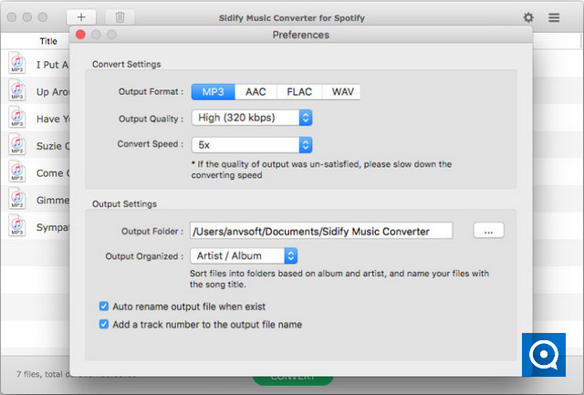 Sidify Music Converter for Spotify 1.4 : Customize output settings
