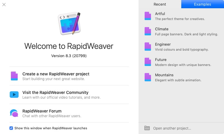 RapidWeaver 8.3 : Welcome Screen