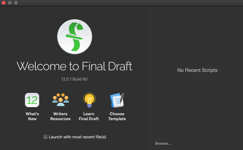 Final Draft 12.0 : Welcome screen