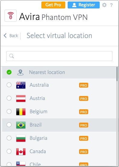 Avira Phantom VPN 2.2 : Select Virtual Location