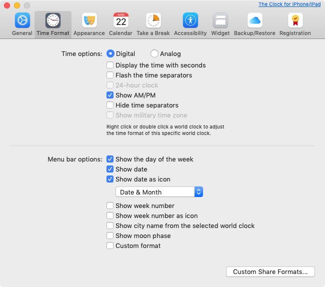 The Clock 4.2 : Time Format Preferences 
