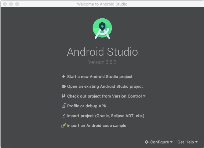 Android Studio 3.6 : Welcome Screen 