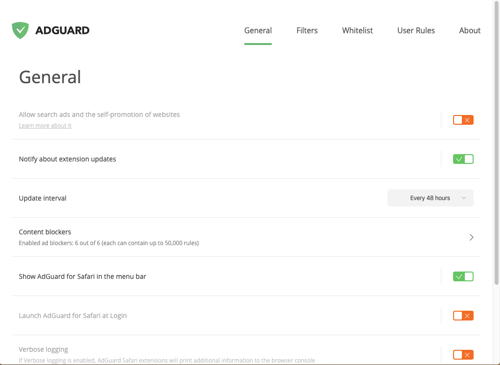 AdGuard for Safari 1.7 : General tab