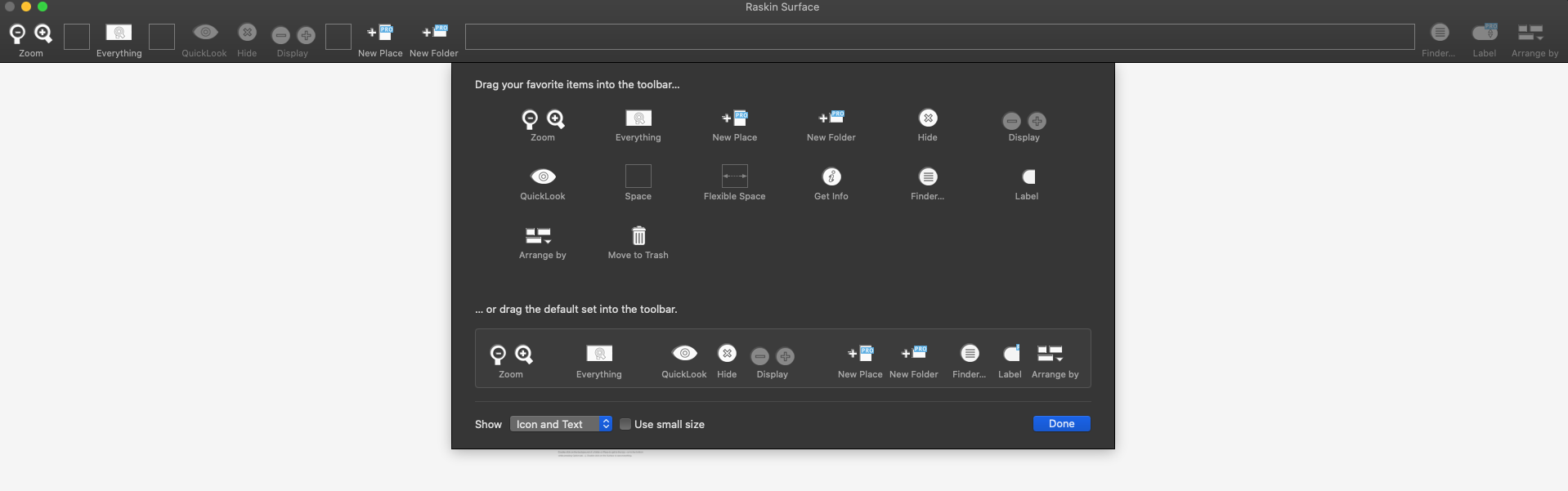 Raskin 2.0 : Toolbar options window