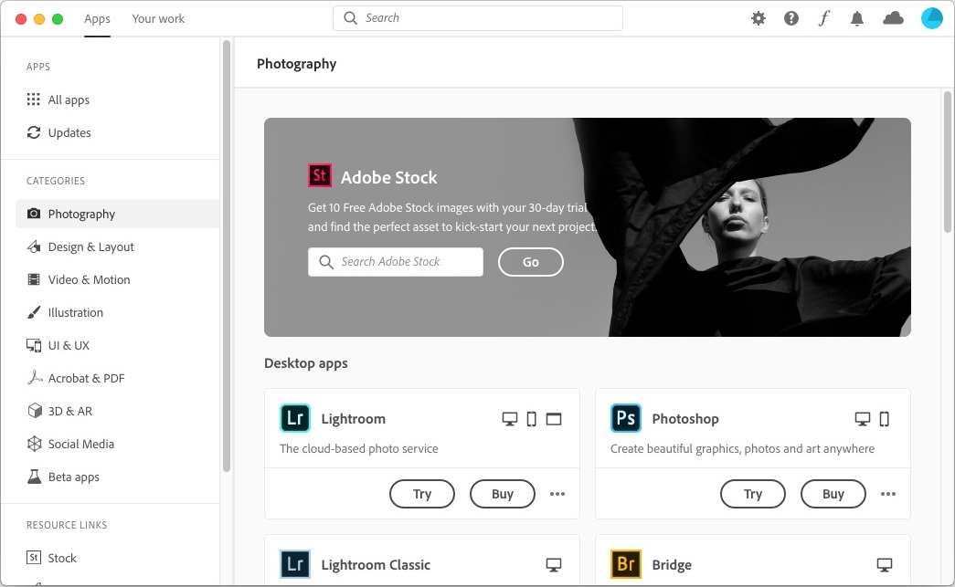 Creative Cloud Desktop App 5.1 : Main Screen - Photography