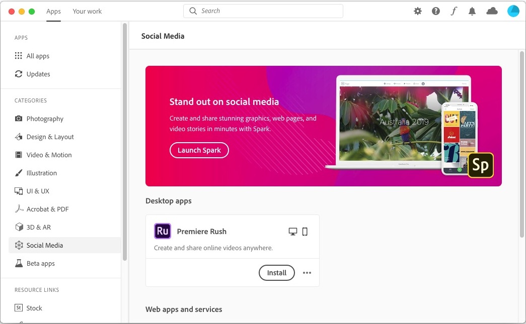 Creative Cloud Desktop App 5.1 : Main Screen - Social Media