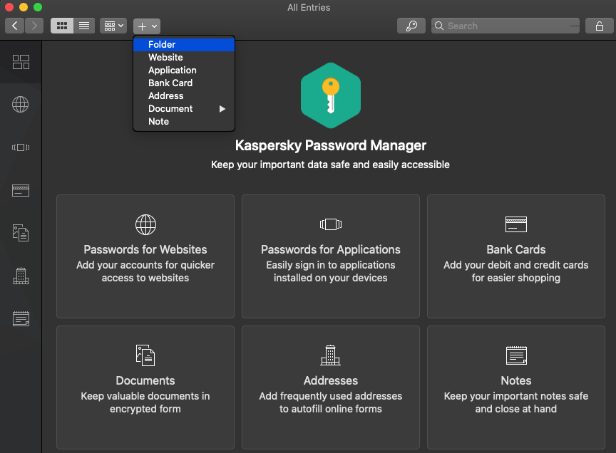 Kaspersky Password Manager 9.4 : Menu tabs
