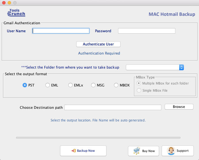 ToolsCrunch Mac Hotmail Backup 1.0 : Main Window