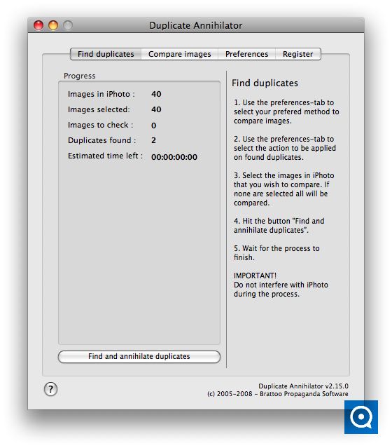Duplicate Annihilator – Aperture Edition 1.1 : Main window