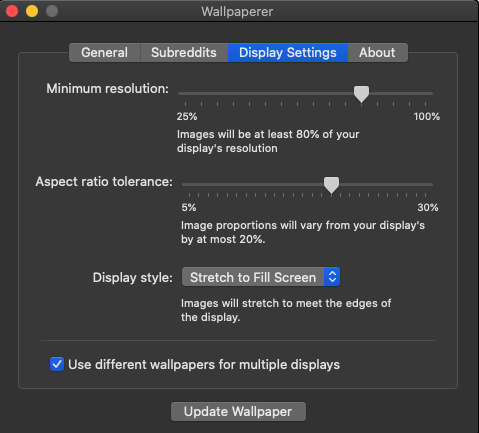 Wallpaperer 6.1 : Display settings screen