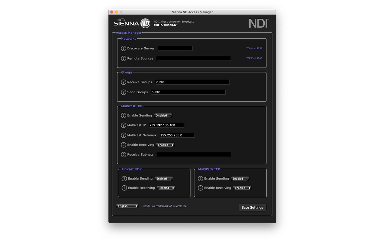 Sienna NDI Access Manager 4.2 : Main Window