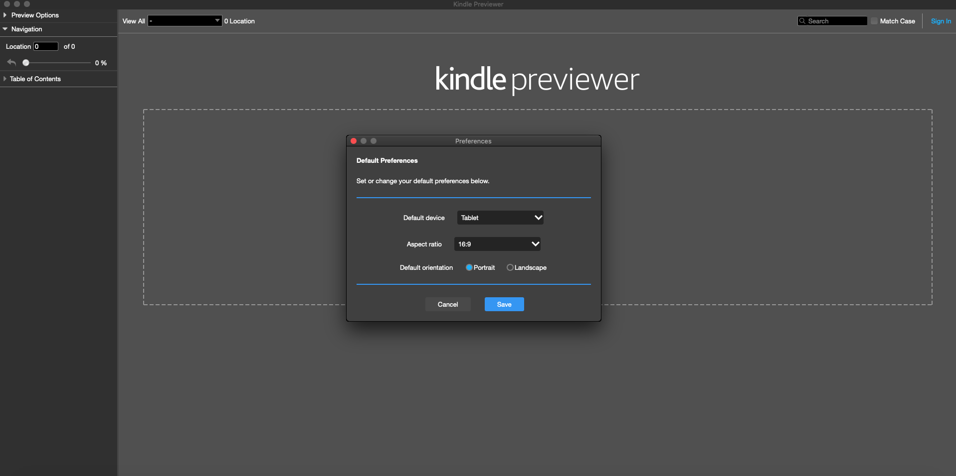 Kindle Previewer 3.5 : Preferences window