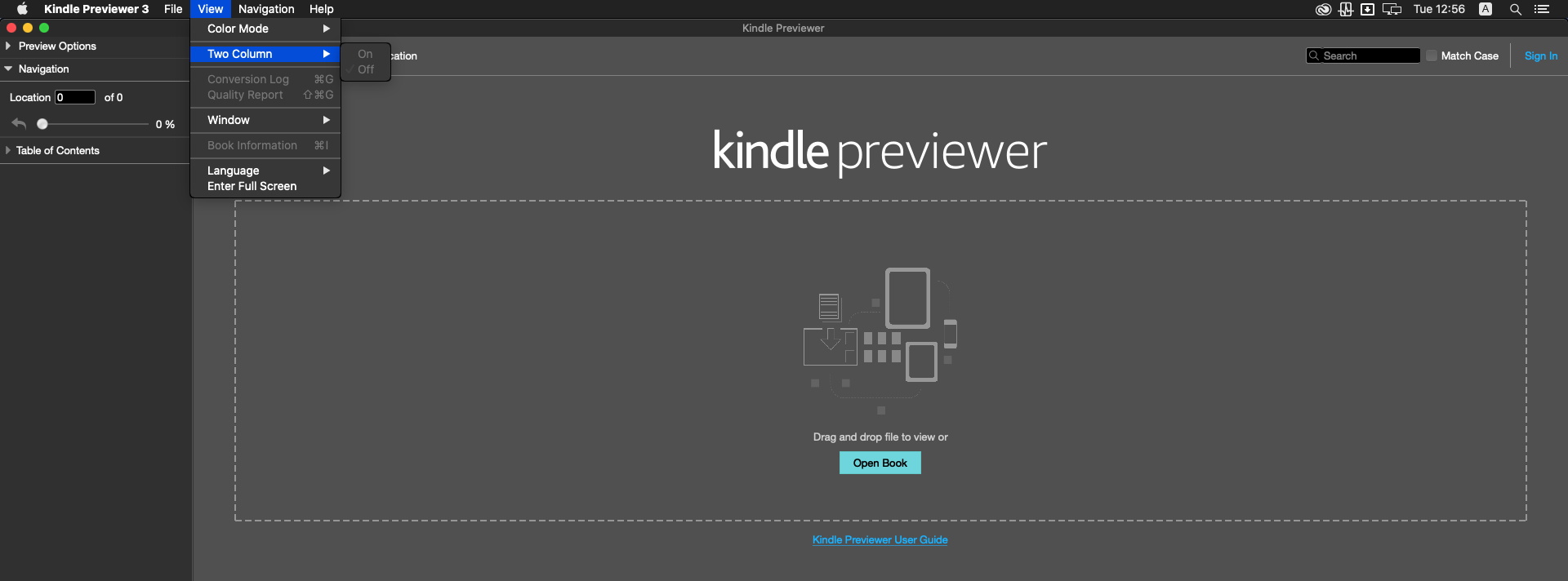 Kindle Previewer 3.5 : View tab 