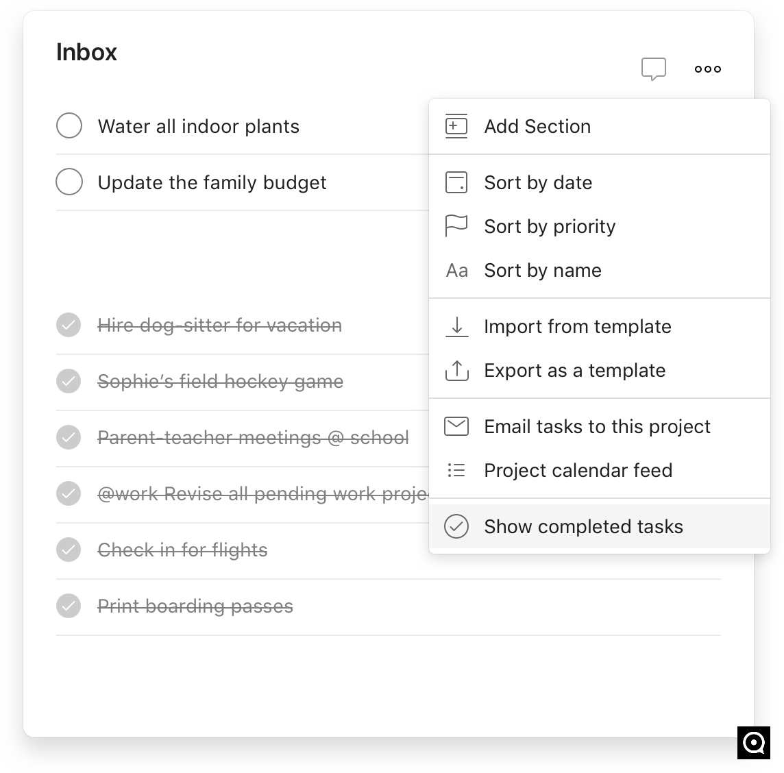 Todoist (154) 7.3 : completed tasks in todoist user interface