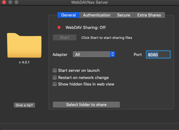 WebDAVNav Server 4.0 : General tab