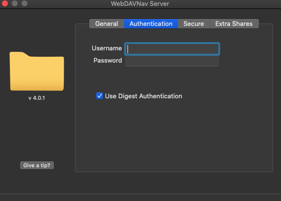 WebDAVNav Server 4.0 : Authentication tab